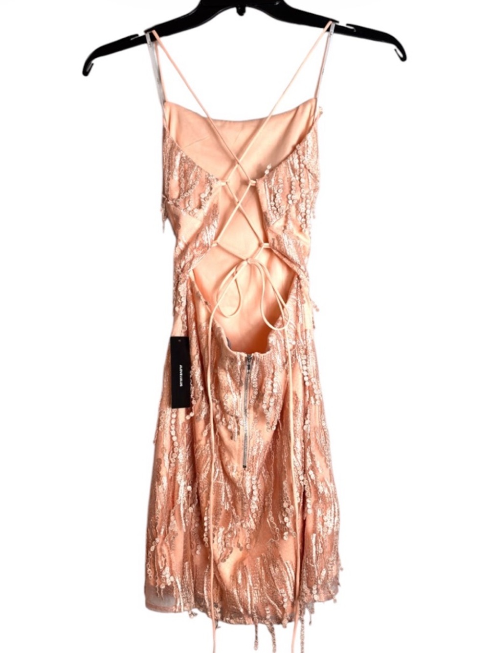 Lulus Sequin Fringe Lace Up Back Mini Dress Peach Blush NWT L - Picture 4 of 12
